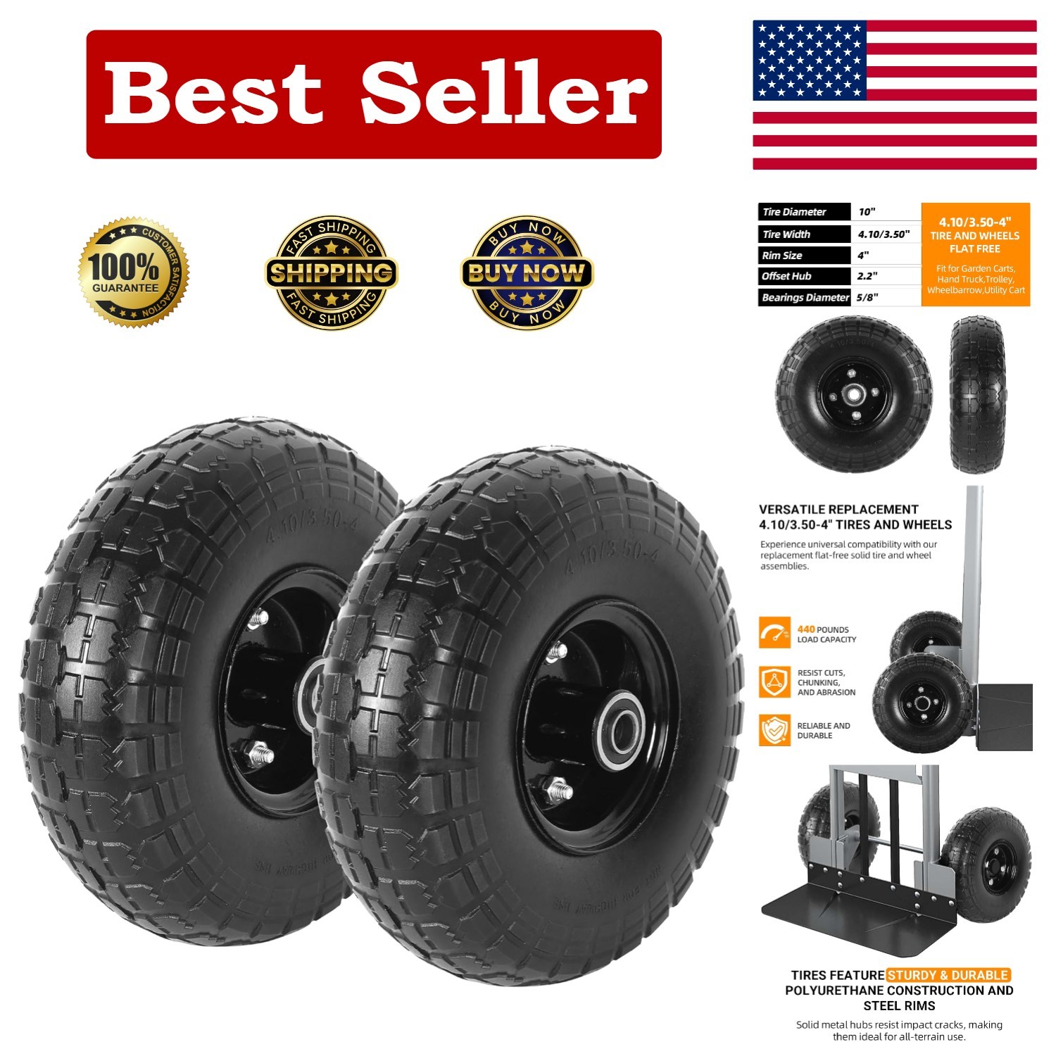 10-Inch Solid Flat-Free Tire Wheels for Garden and Utility Carts gallery