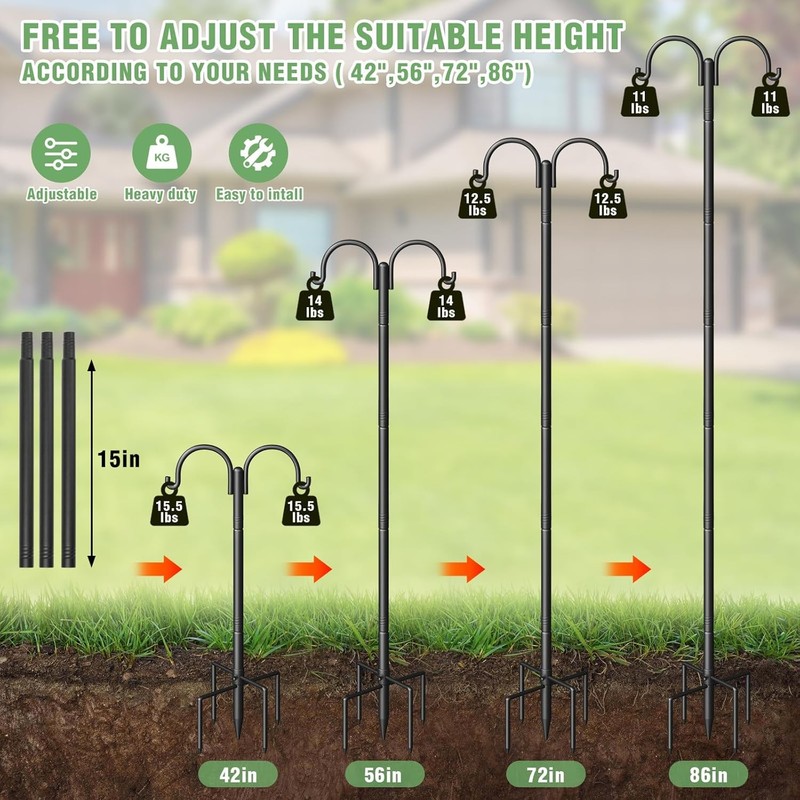 Double Shepherds Hooks for Outdoor Adjustable Bird Feeder Pole With 5-Prong Base gallery