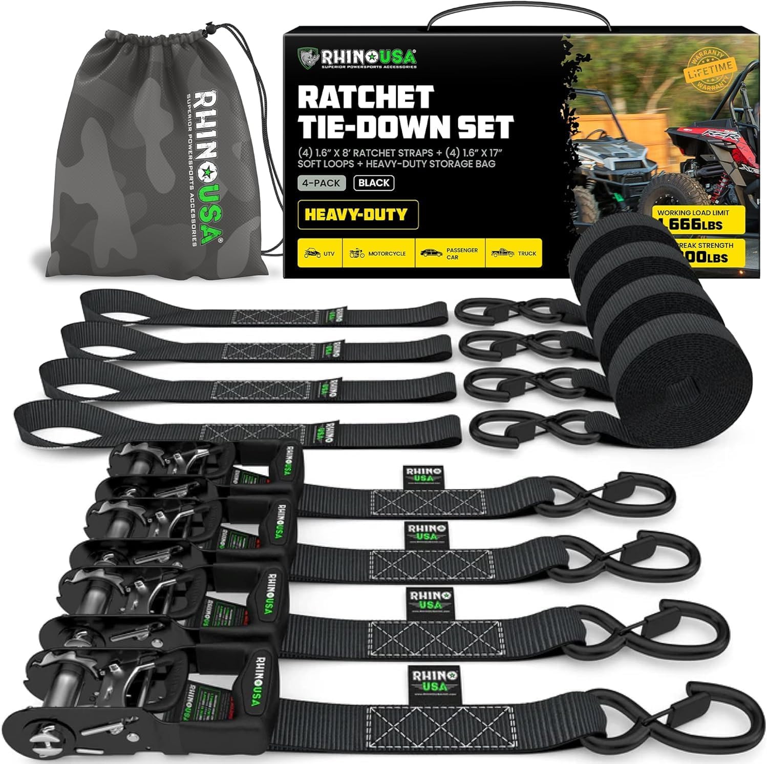 Ratchet Straps Heavy Duty Kit (4-Pack) - 1.6 Inch X 8 Feet Min Break Strength (5 gallery