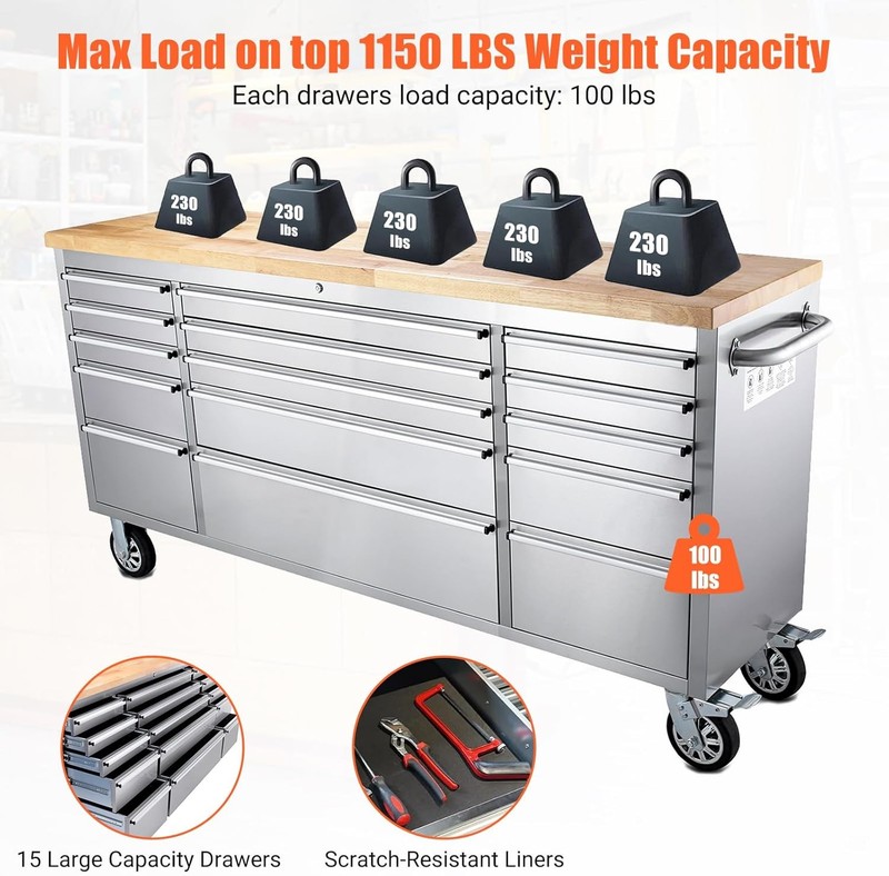 72" Rolling Tool Chest 15 Drawers with Lockable Wheels Lock Stainless Steel gallery