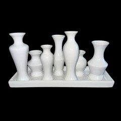 7 Bud Vases Attached Together On The Base, Ceramic Unique Art Deco White
