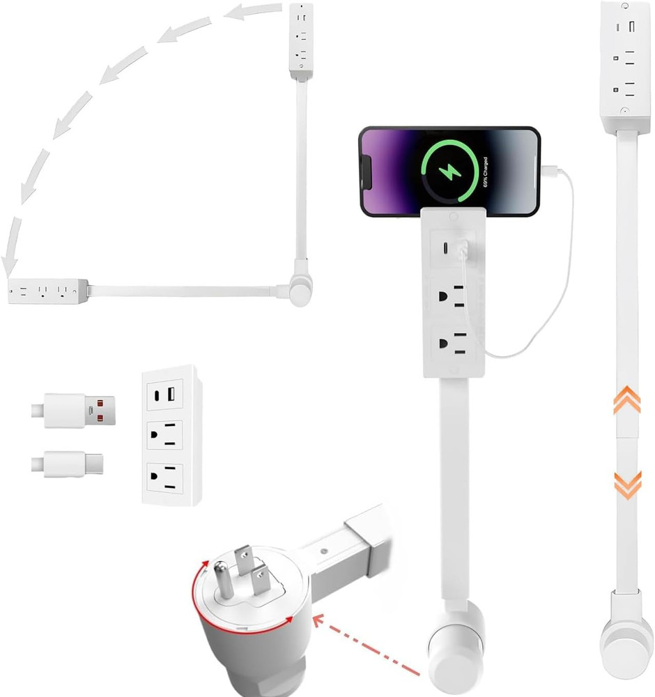 Electrical Outlet Extender Adjustable 17”-27” with 2 AC Outlets, USB-A & USB-C P