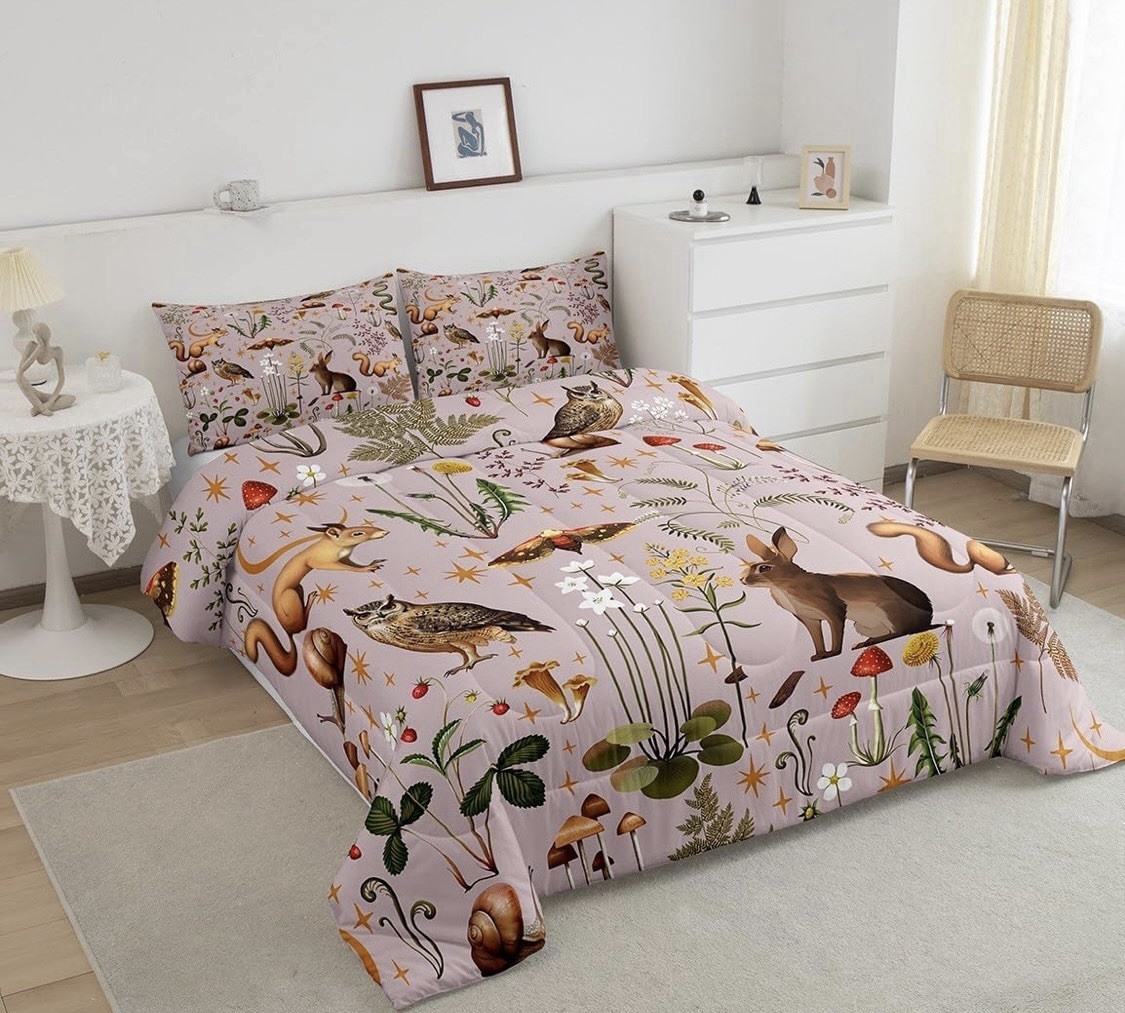 Erosebridal Lovely Rabbit Twin Comforter Set Nature Woodland Owls Forest Pink gallery