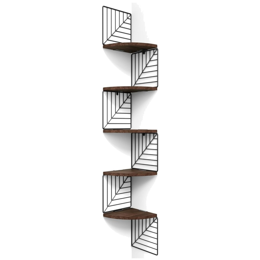 Dark Walnut Floating Corner Shelf - 5 Tier Rustic Wood