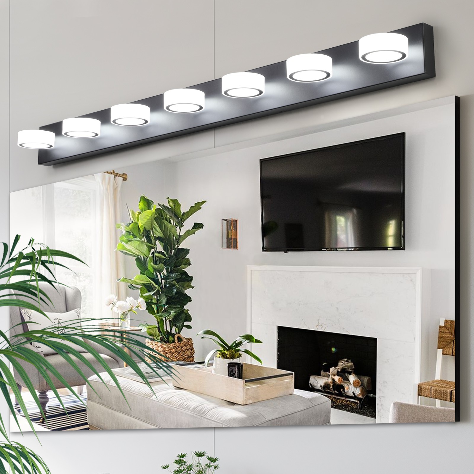 52" Modern 7-Light LED Vanity Light - Black Iron Finish, Dimmable for Bathroom gallery