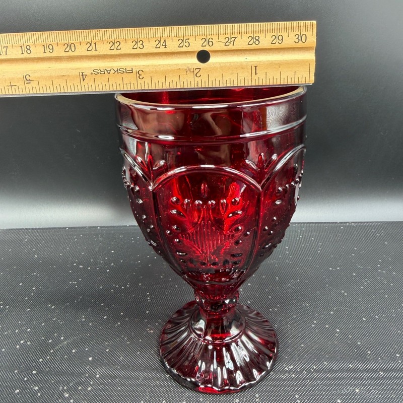 Fitz & Floyd Trestle Ruby Glass Goblets Embossed Medallion Teardrop Pattern Set2 gallery
