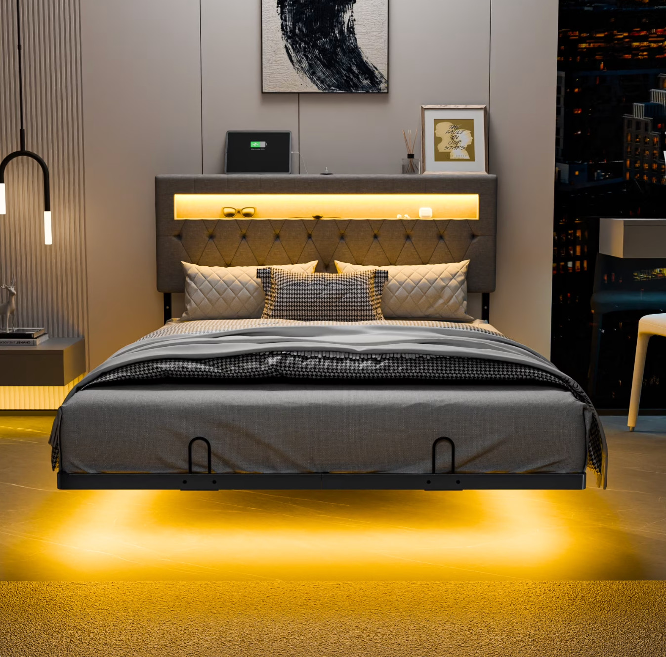 Full Floating Bed Frame w/ LED Cama Full con Luz LED Plataforma Gris NEW gallery