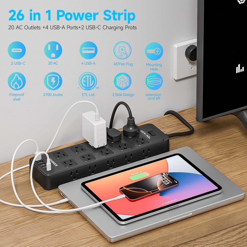 Flat Plug Power Strip Extension Cord with Multiple Outlets: 20 AC Outlets and... gallery