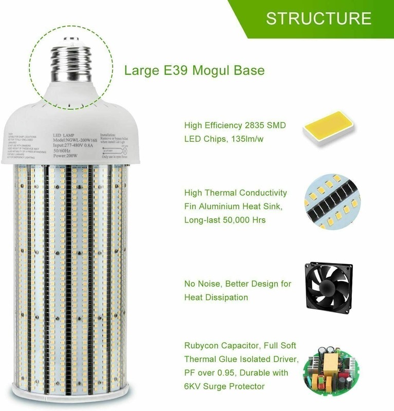 277~480V LED Corn Bulbs Light 200W E39 Mogul Base 6000K Replace 1000W MH HPS HID gallery