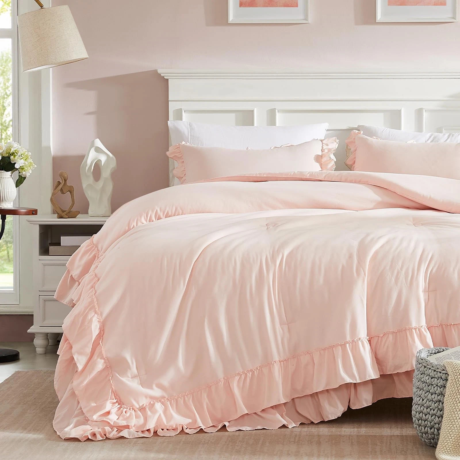 Blush Pink Comforter Set Queen, 3Pcs Comforters Queen Size Ruffle Farmhouse B... gallery