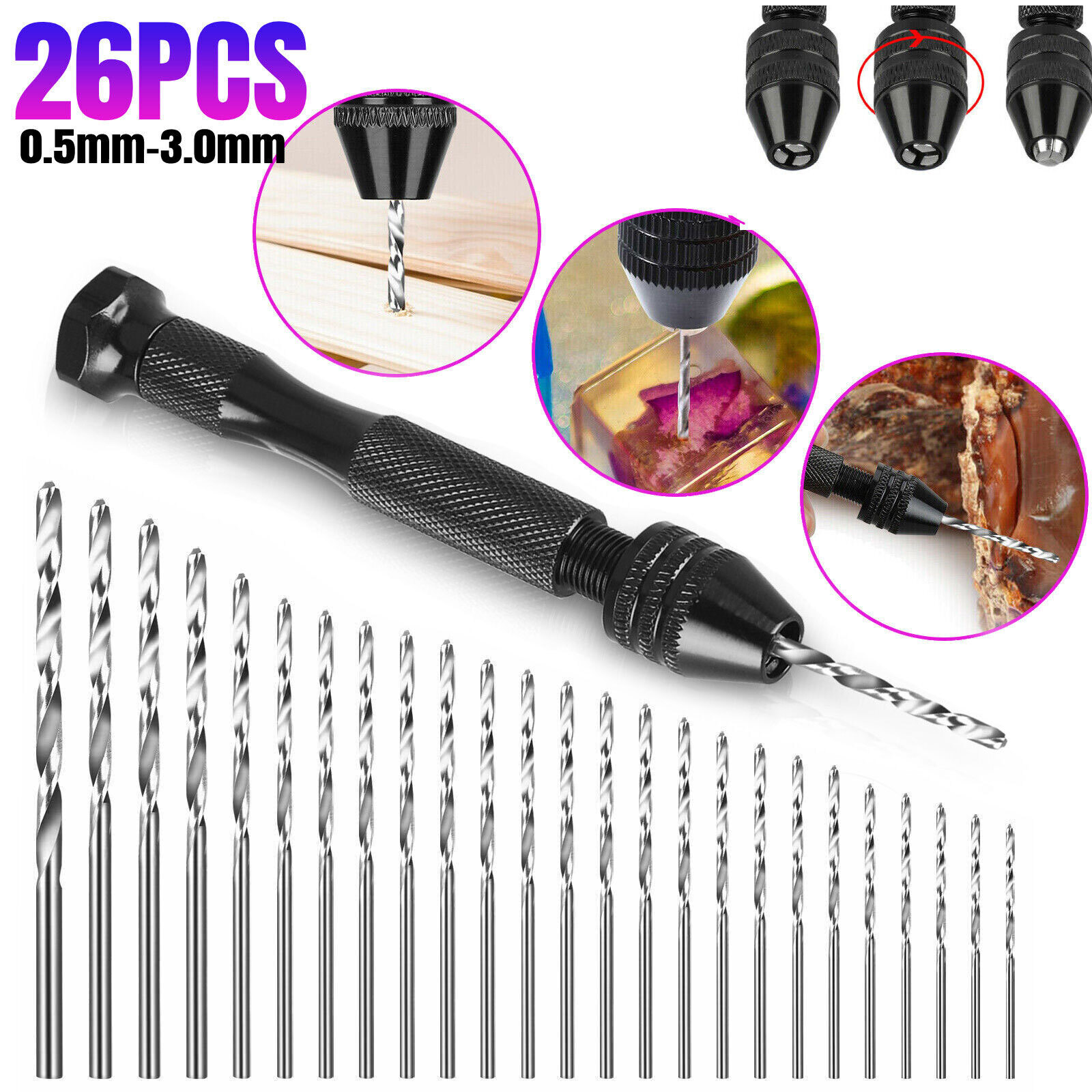 26Pcs Precision Pin Vise Hobby Mini Micro Hand Twist Drill Bits Rotary Tool Set gallery