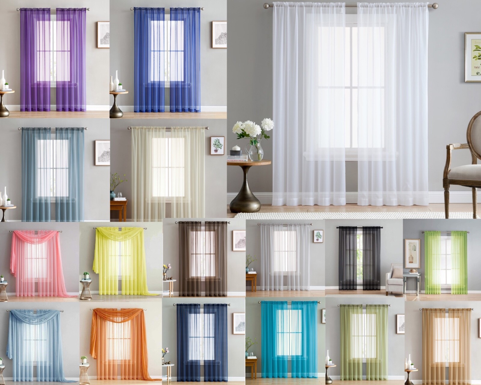 Addison Sheer Voile Window Curtain Solid Panels Rod Pocket - Set of 2 gallery