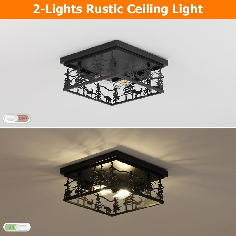 Rustic Industrial Flush Mount Ceiling Light, 11" Black Metal Cabin Design E12 gallery