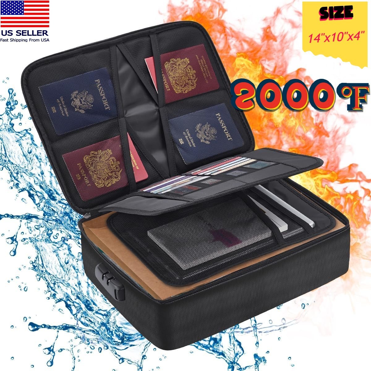 3-Layer Fireproof Document Box with Lock File Storage Box Waterproof Safe Bag US gallery