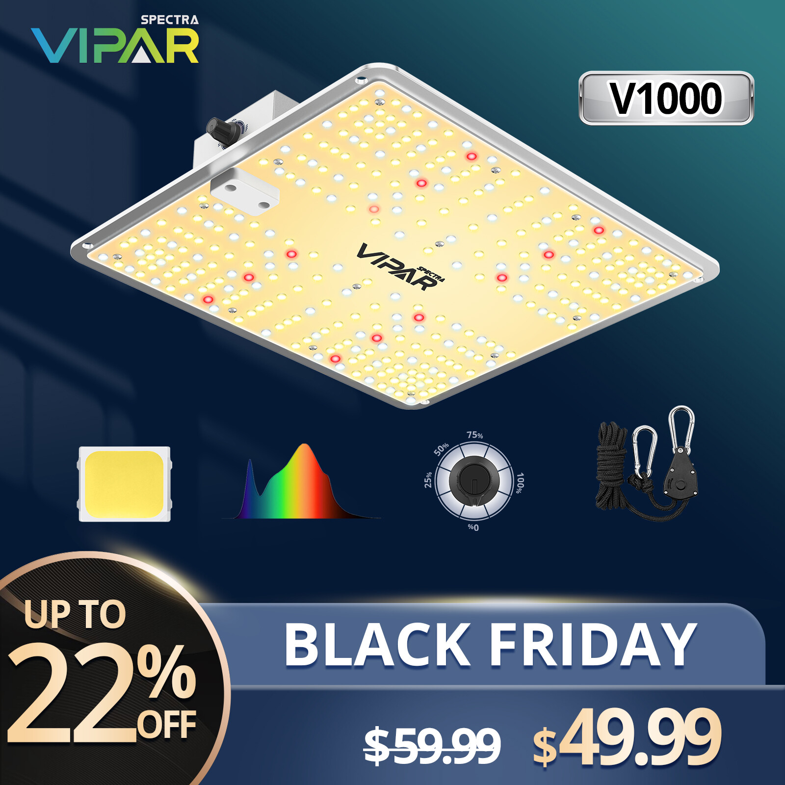 VIPARSPECTRA V1000 LED Grow Light Full Spectrum for Indoor Plants Veg Bloom IR gallery