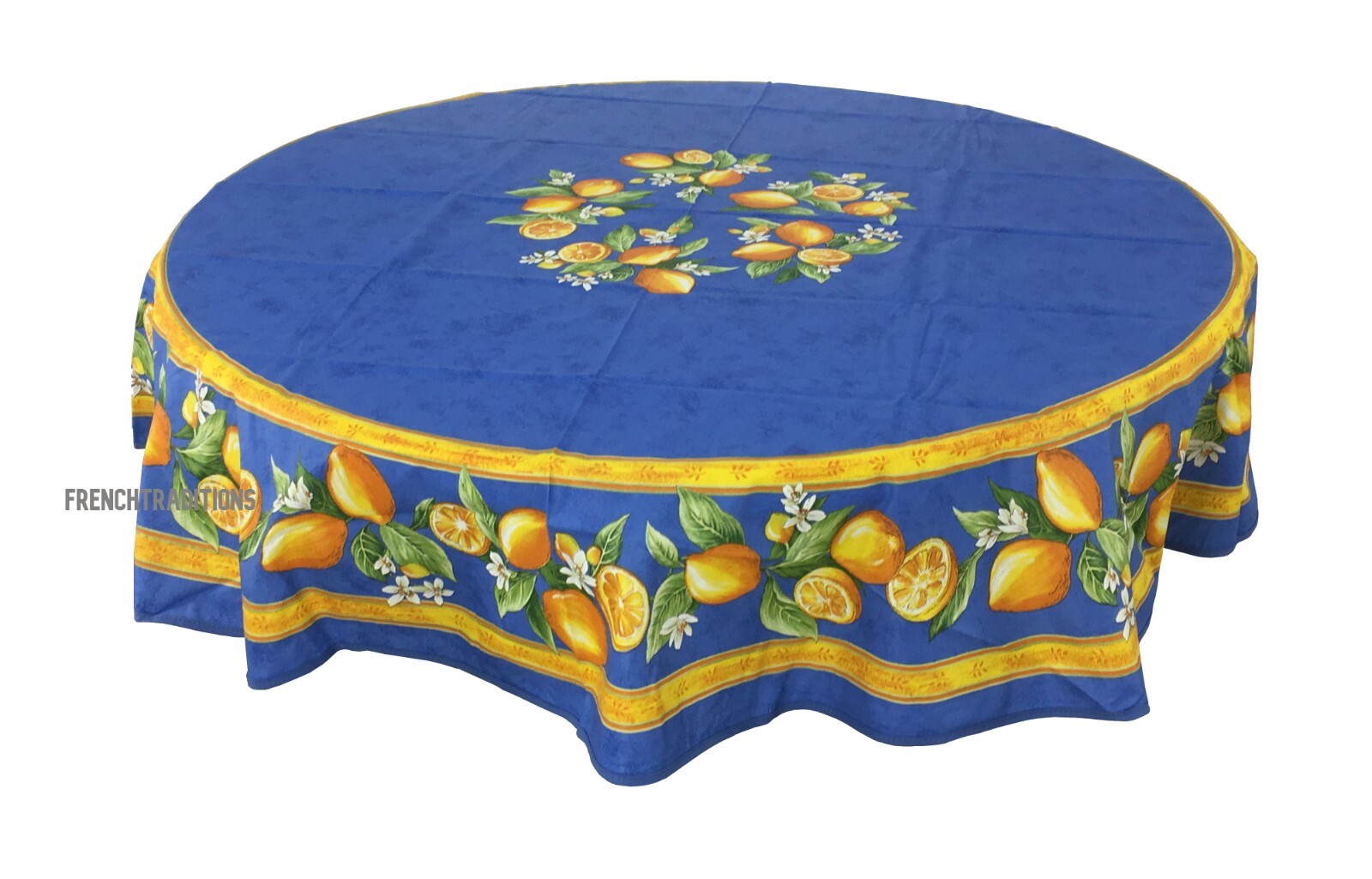 French Provencal 100% Cotton Tablecloth Lemons Blue Round 71" Made in France gallery