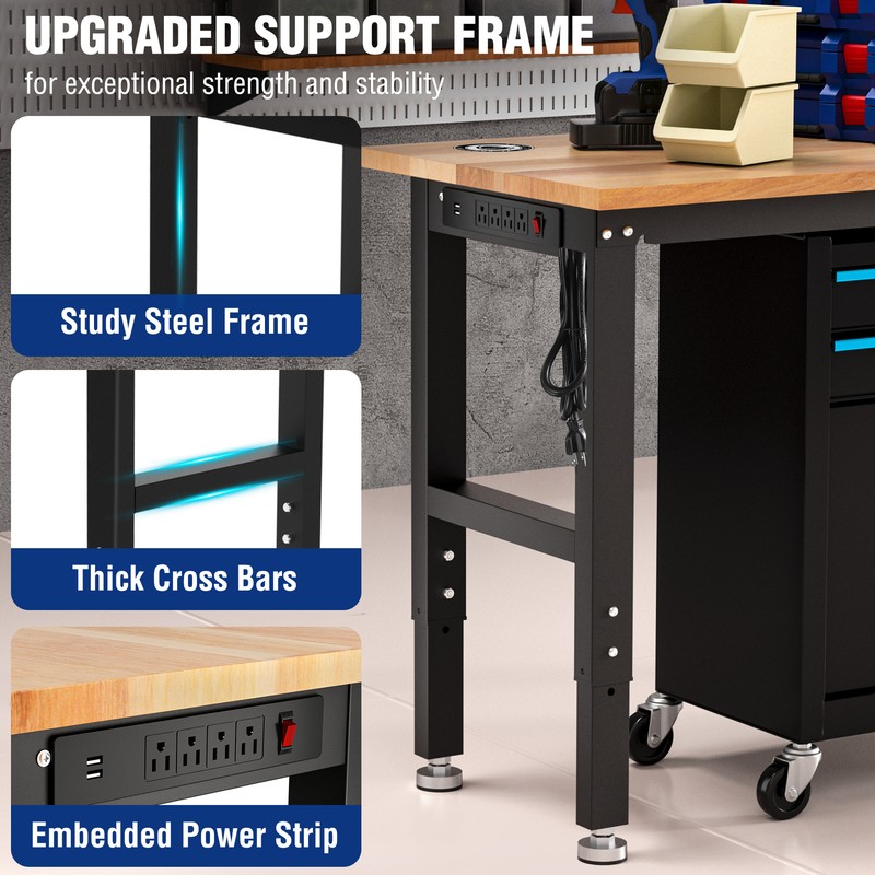 WORKPRO Adjustable Garage Workbench60x24Rubber Wood Top Heavy-Duty Power Outlets gallery