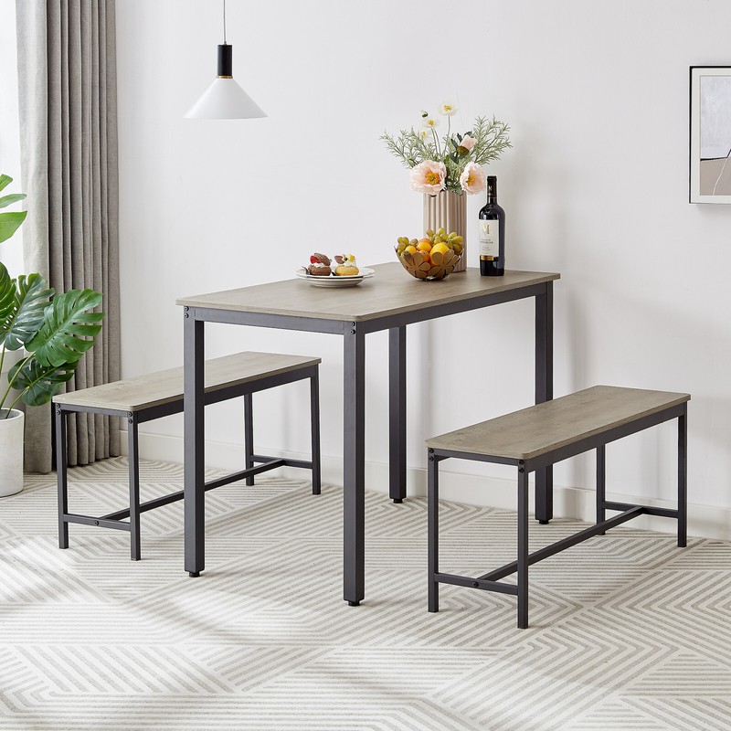 Dining Table Set Bar Table w-2 Dining Benches Table & Chairs Grey for 4 people gallery
