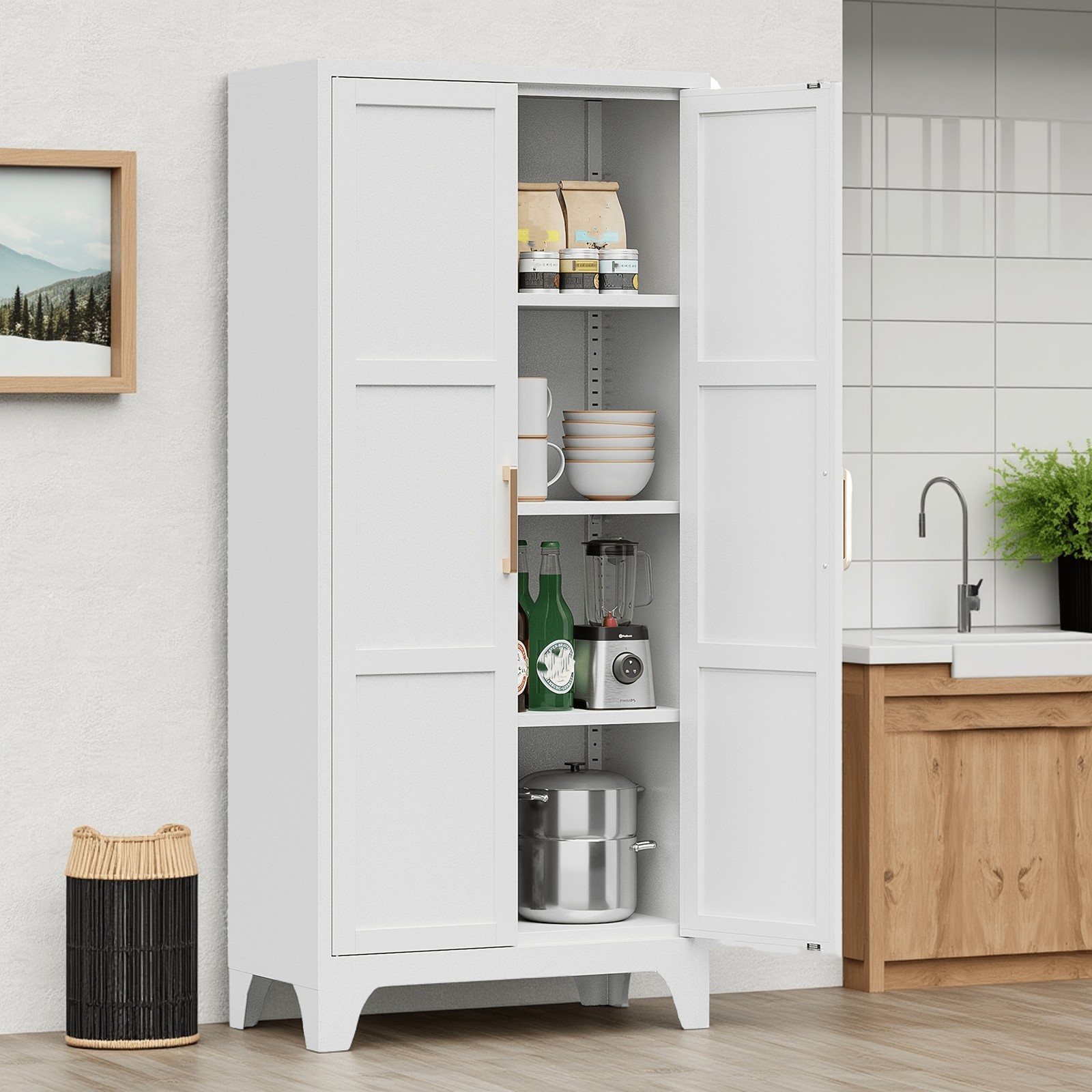 Freestanding Kitchen Pantry Storage Cabinet 3 Adjustable Shelves Metal Cupboards gallery