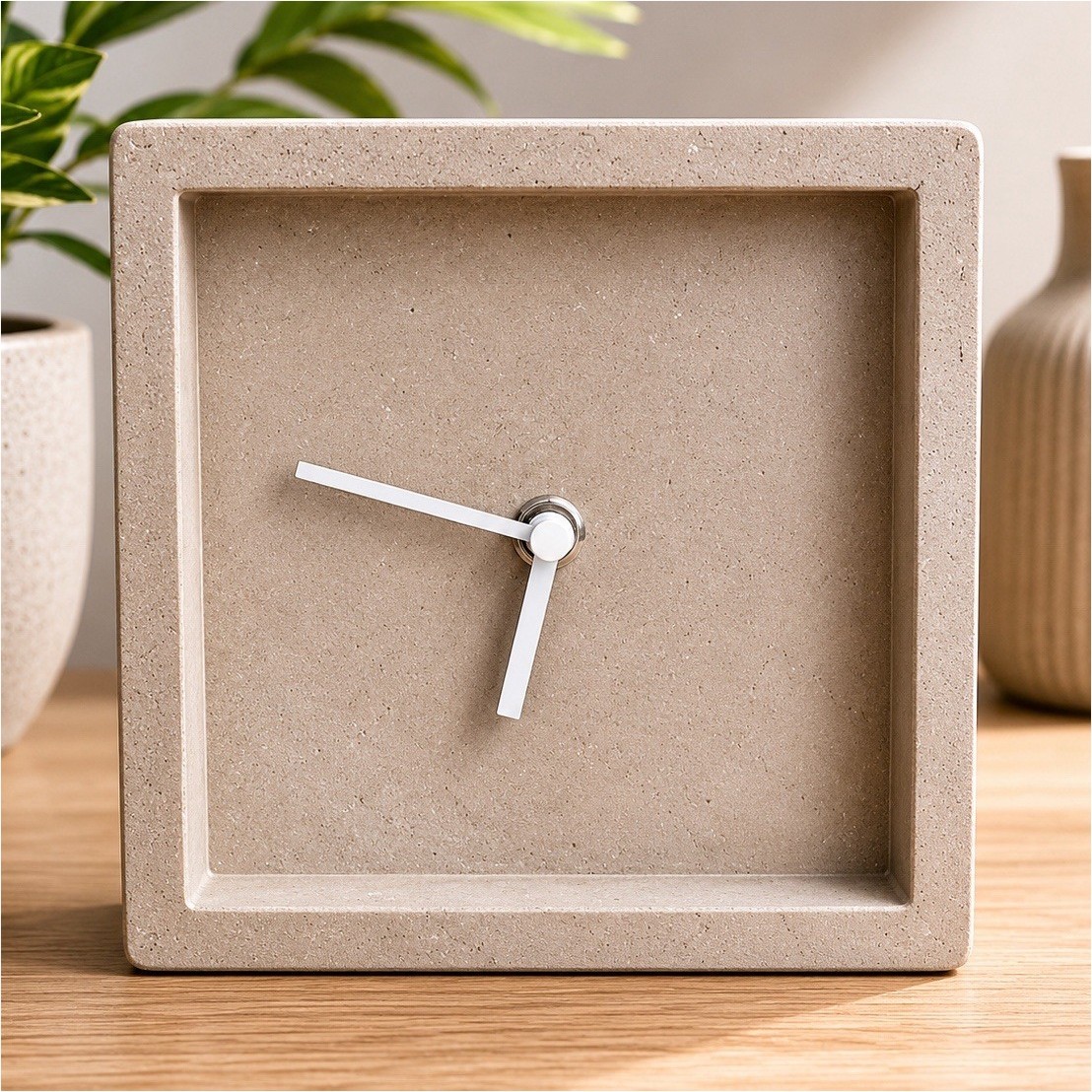 Square Concrete Analog Desk Clock, Beige, Modern Style, Non-Numeric Marks gallery