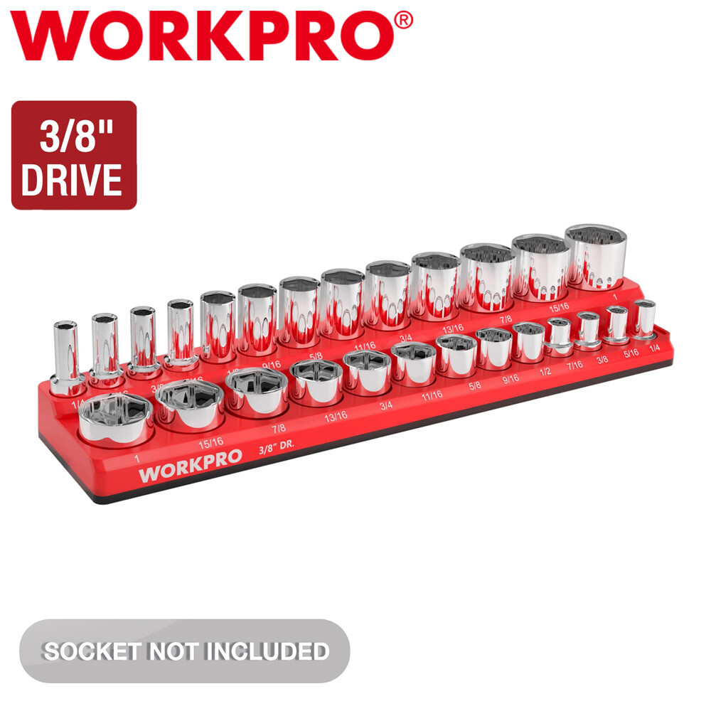 WORKPRO 3/8-Inch SAE Magnetic Socket Organizer Holds 26PCS Standard Deep Sockets gallery
