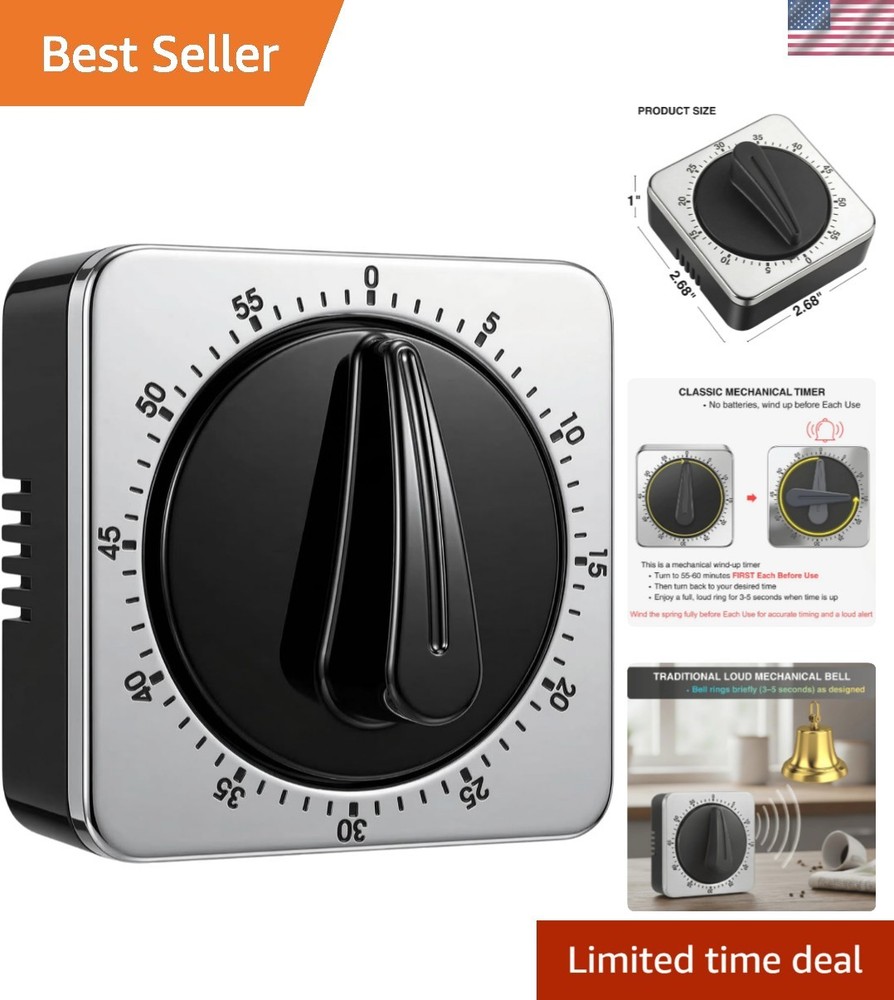 Mechanical Kitchen Timer Magnetic with Loud Alarm, 60-Minute Manual Wind Up A...