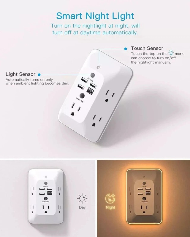 Outlet Extender with Night Light, Multi Plug Outlet, USB Wall Charger Surge Prot gallery