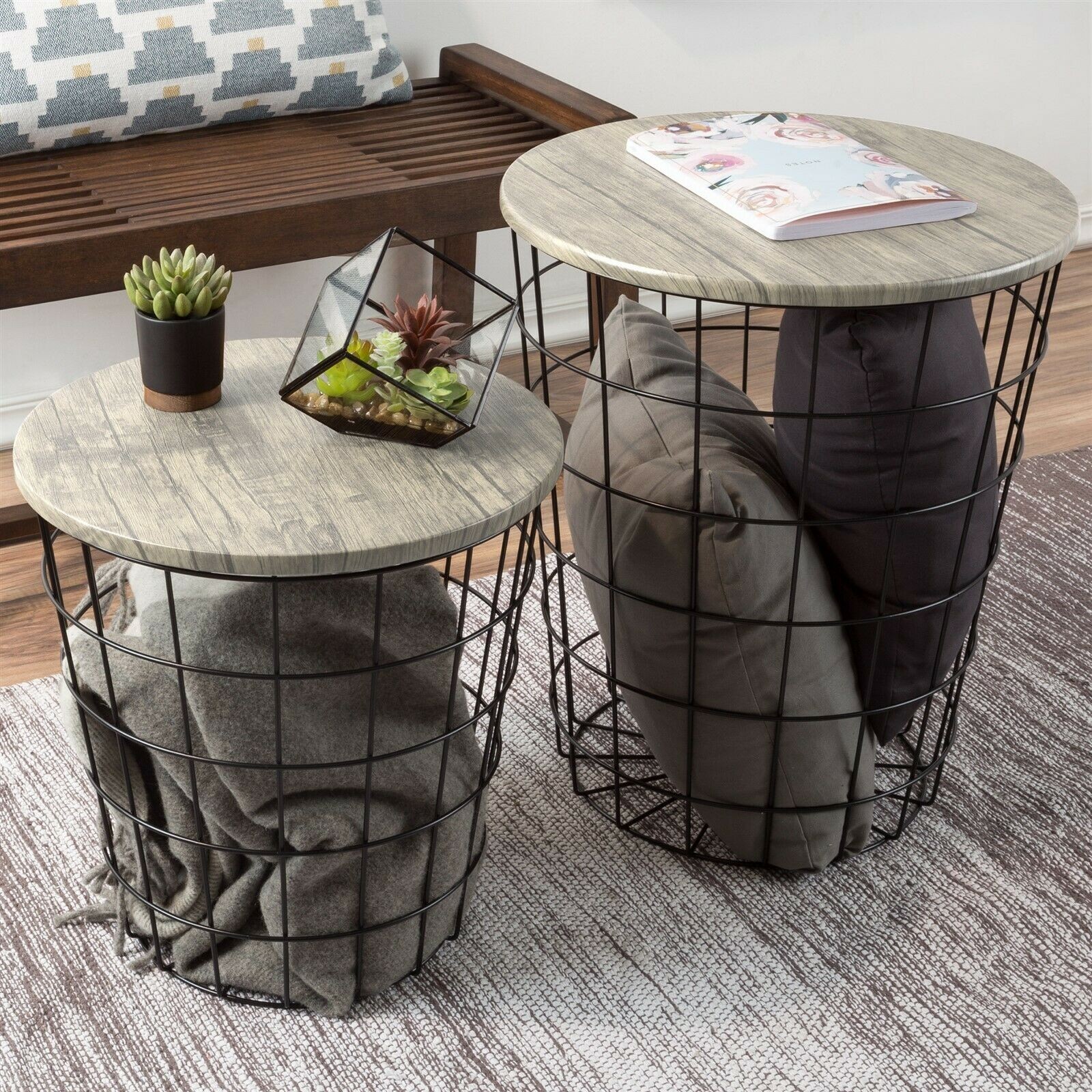 Nesting End Tables Metal Basket MDF Vaneer Top Storage Furniture Accent Decor gallery