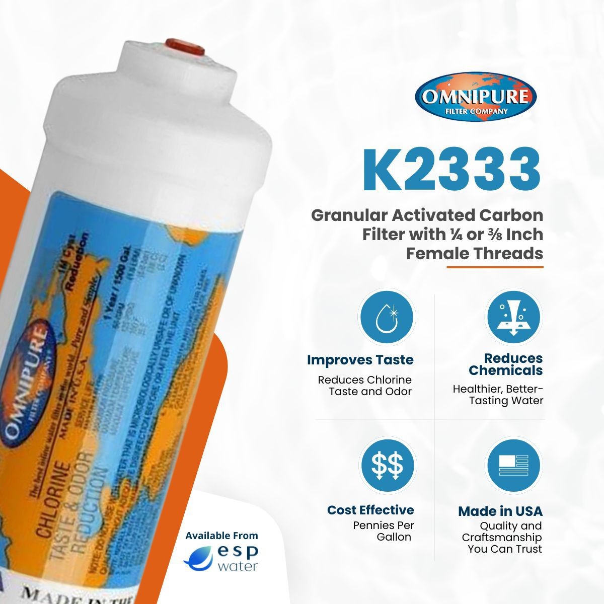 Omnipure K2333 Inline Carbon Filter GAC T33 2" x 6" gallery