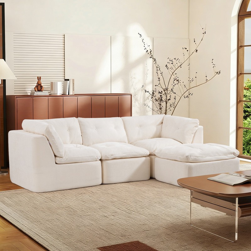 Modern Cloud L-Shaped Sectional Sofa with Ottoman, Chenille Fabric, Beige gallery