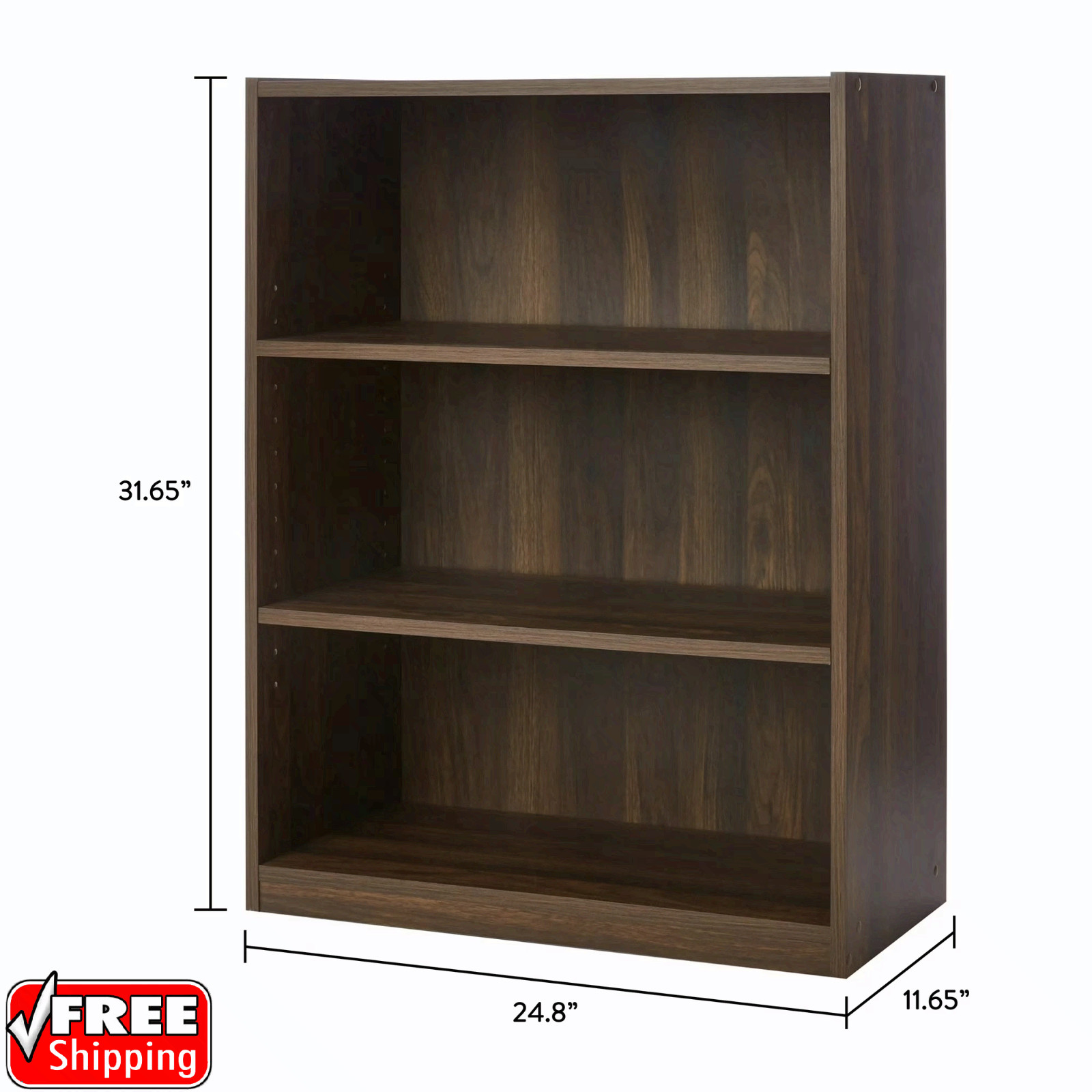 3 Shelf Wood Bookcase Wide Storage Display Bookshelf Adjustable Shelving Canyon gallery