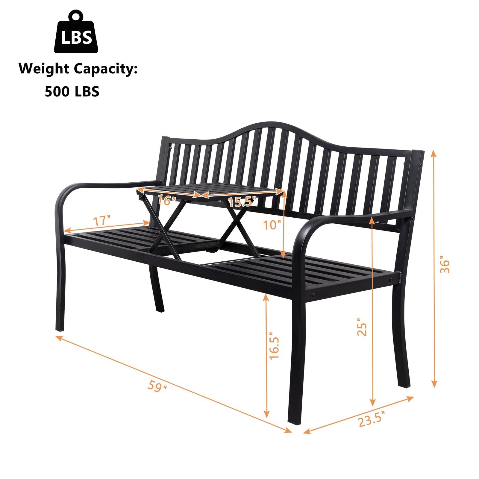 59" Outdoor Metal Bench Patio Bench with Built in Table Park Bench Garden Bench gallery