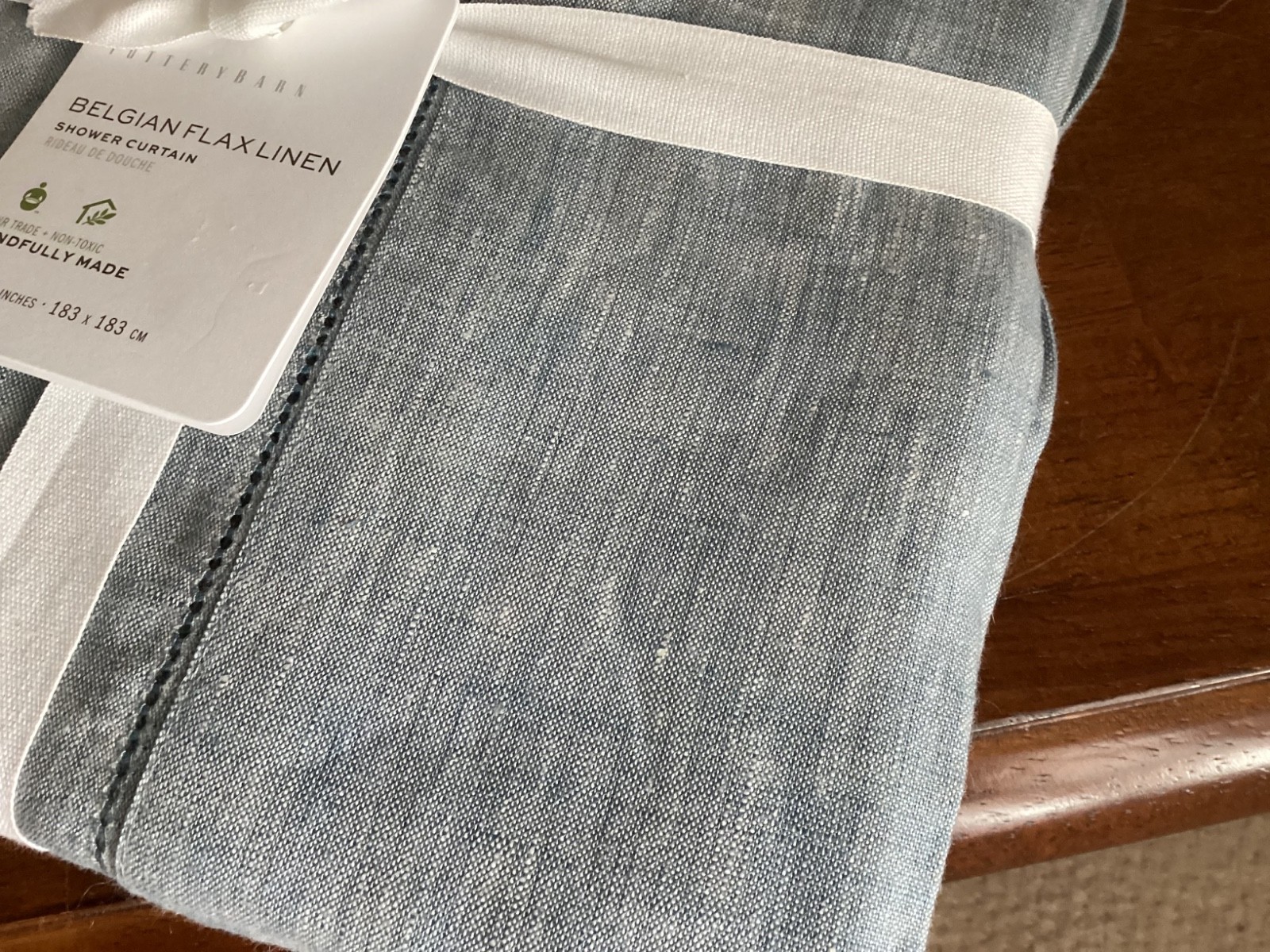 Pottery Barn Belgian Flax Linen Hemstitch Shower Curtain Blue Frost New gallery