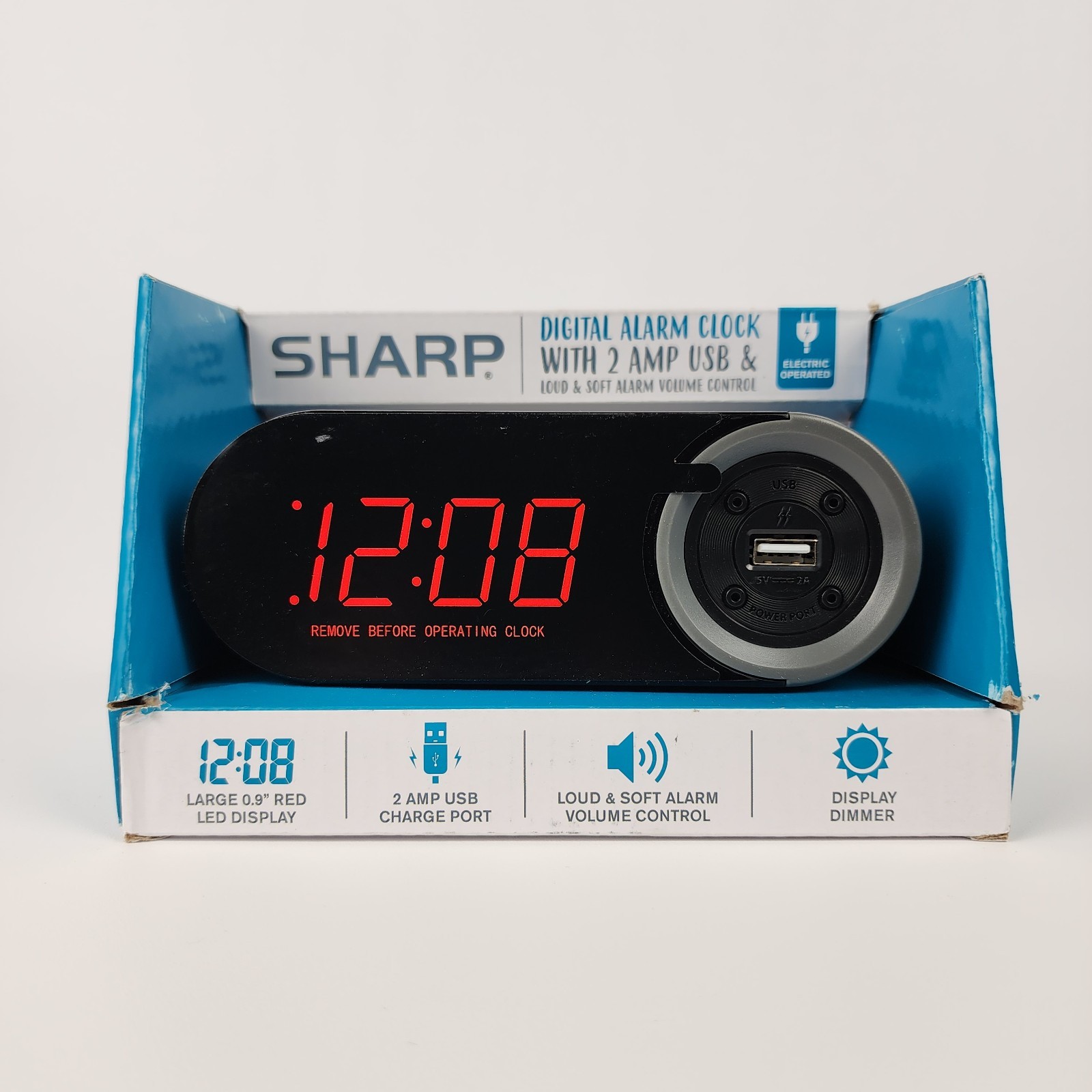 Sharp SPC547 Digital Alarm Clock w/ 2A USB Charger, Red LED, Dimmer, Snooze gallery