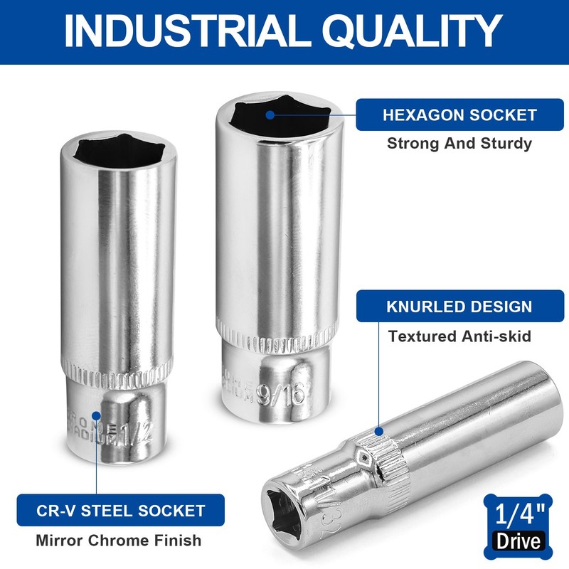 DAKCOS 11 Piece 1/4-Inch Drive SAE Deep Socket Set, 6-point, 5/32-9/16 Inch gallery