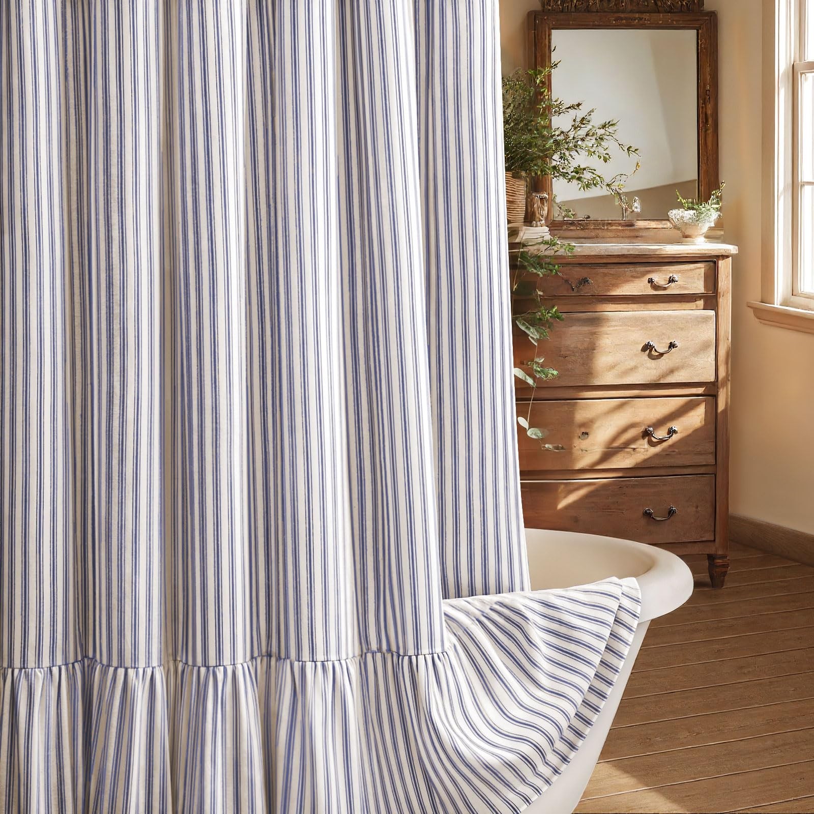 Farmhouse Shower Curtain Ruffle Hem Linen Cream Blue Stripe Fabric 72x72 inch gallery