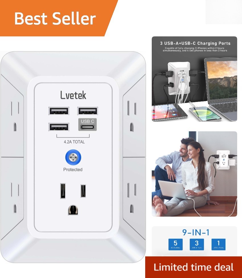 Wall-Mountable 5 Outlet Power Strip with Fast USB Charging - Ideal for Travel gallery