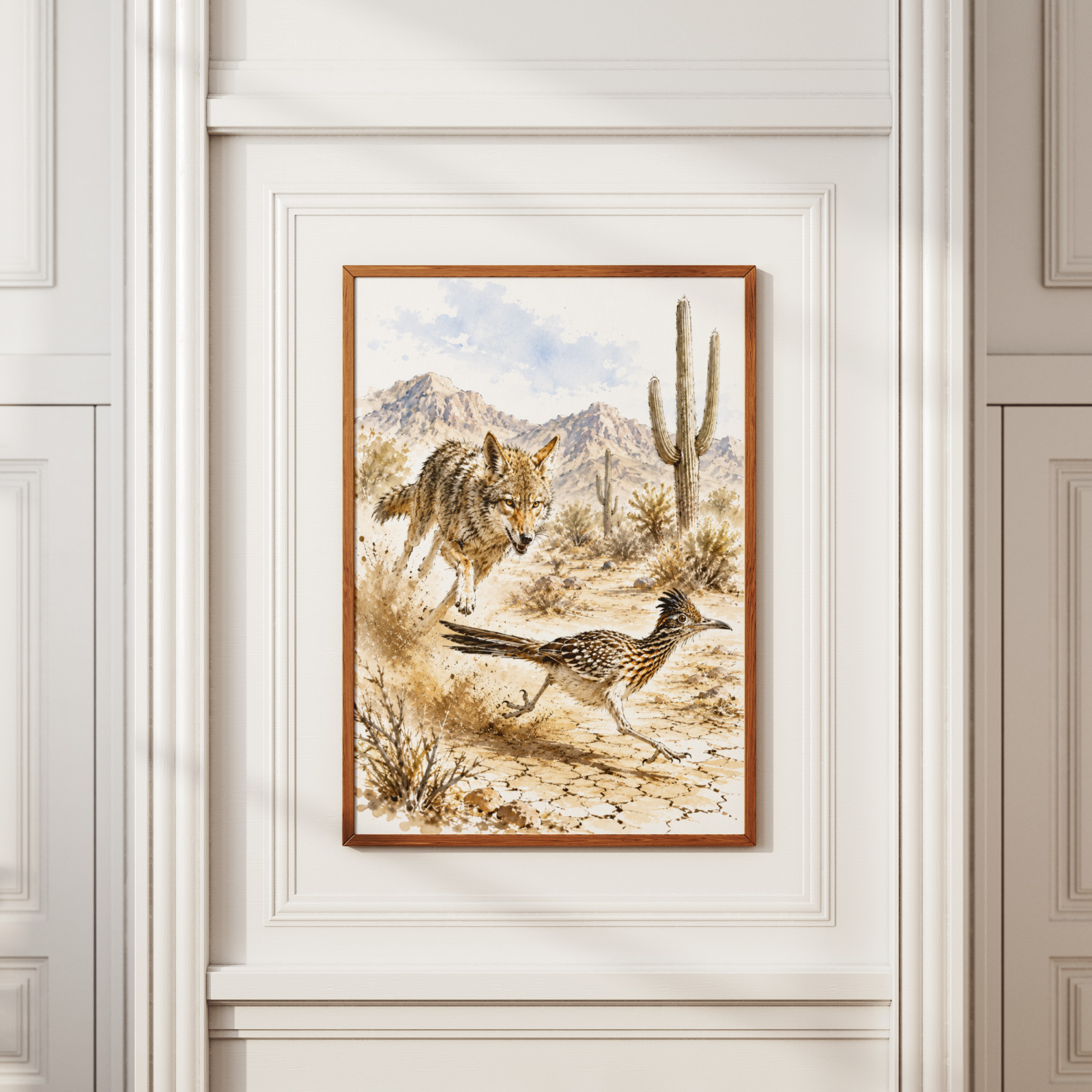 Watercolor Coyote Chasing Roadrunner Poster Desert Saguaro Cactus Wall Art Print gallery