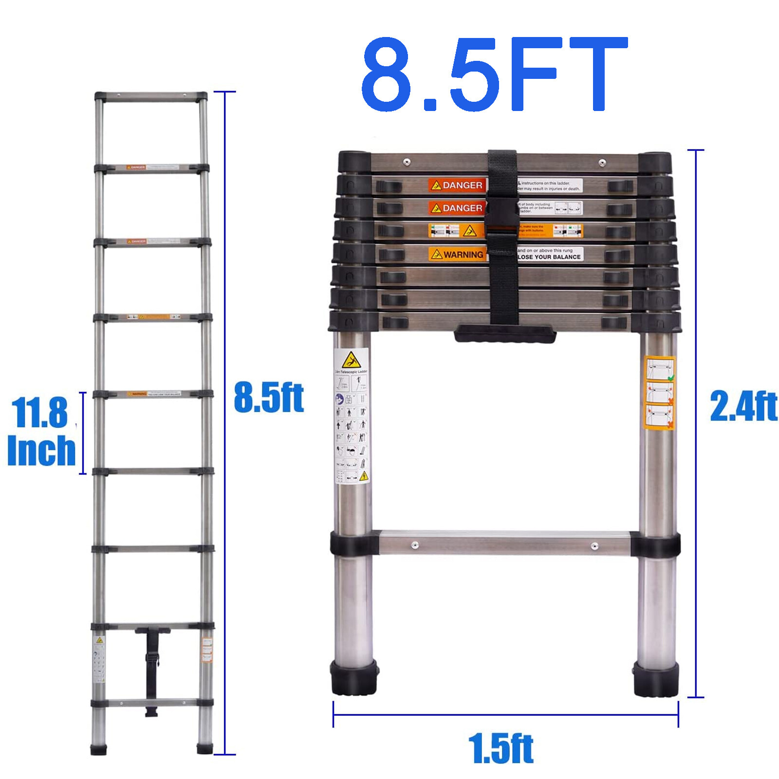 8-16FT Steel Telescoping Ladder Extension Ladders Retraction Collapsible Folding gallery