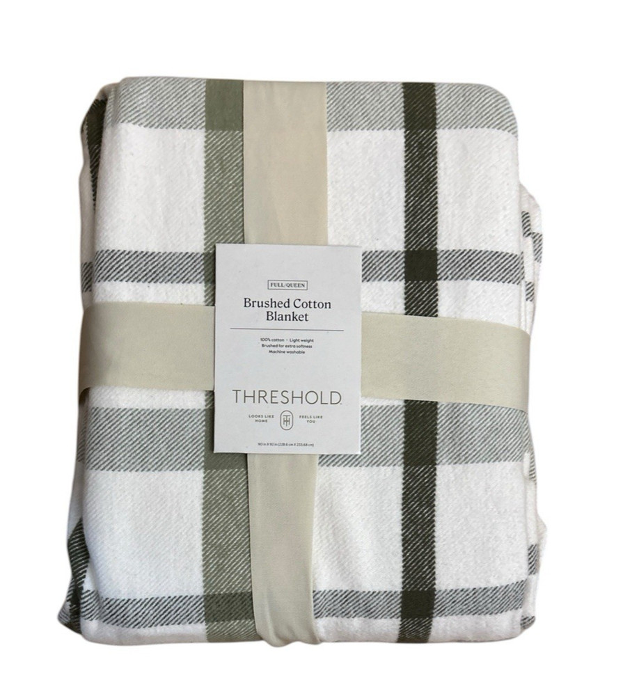 Threshold Full/Queen Brushed Cotton Blanket Cream & Green 90 in x 92 in New