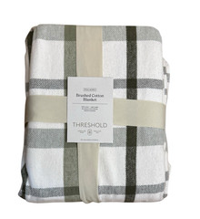 Threshold Full/Queen Brushed Cotton Blanket Cream & Green 90 in x 92 in New