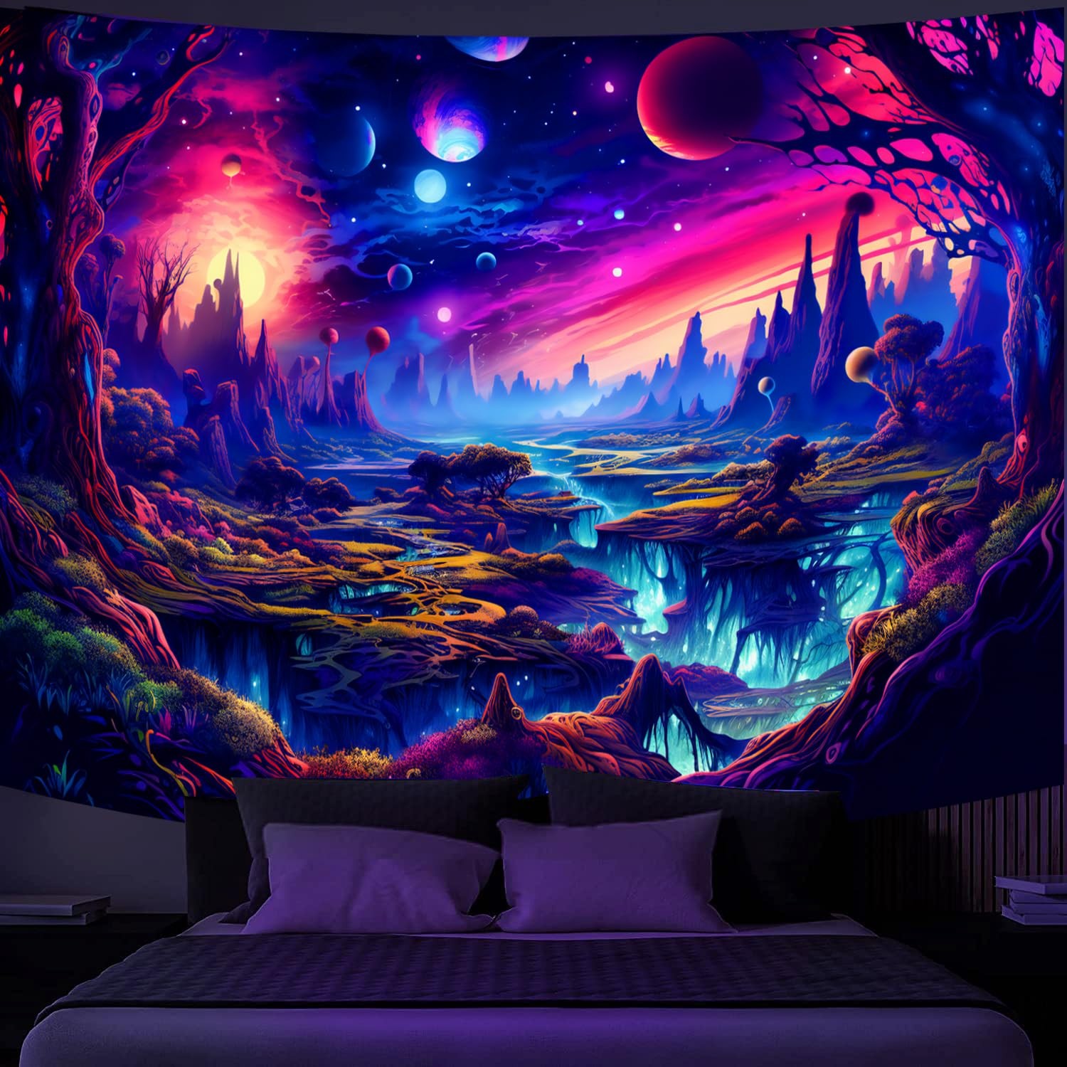 UV Reactive Blacklight Tapestry Fantasy Planet Neon Forest Wall Art 80"x59" gallery