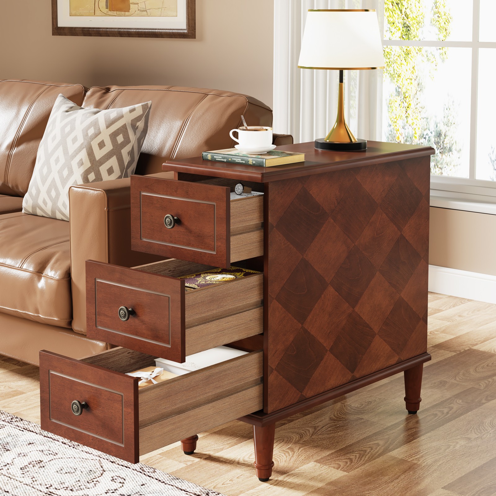 3-Drawers Slim End Table, Fully Assembled Sofa Side Table Nightstand w/ Storage gallery