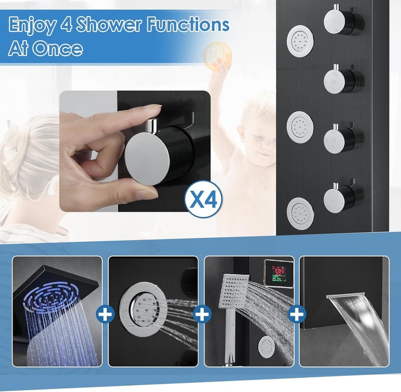 Shower Panel Tower System LED Rainfall Waterfall Shower Head w/ Body Massage Jet gallery