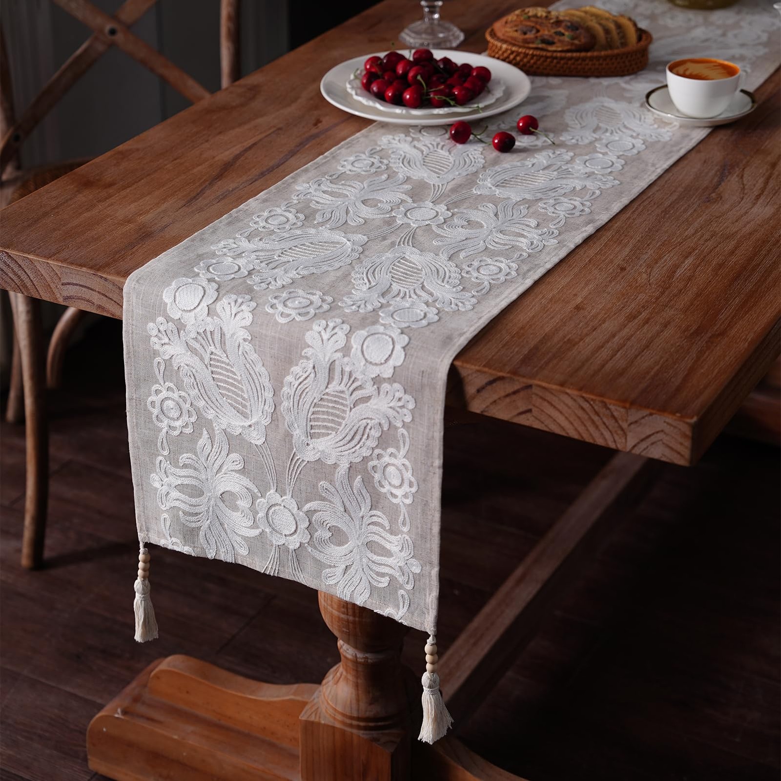 Embroidered Table Runner Boho Farmhouse Dresser Scarf Macrame Rustic Lace Doi... gallery