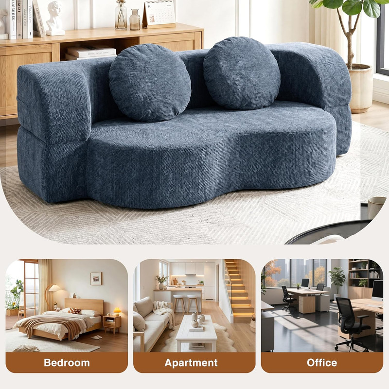 78" Convertible Sofa Bed - 2-in-1 Memory Foam Futon with Pillows, Blue gallery