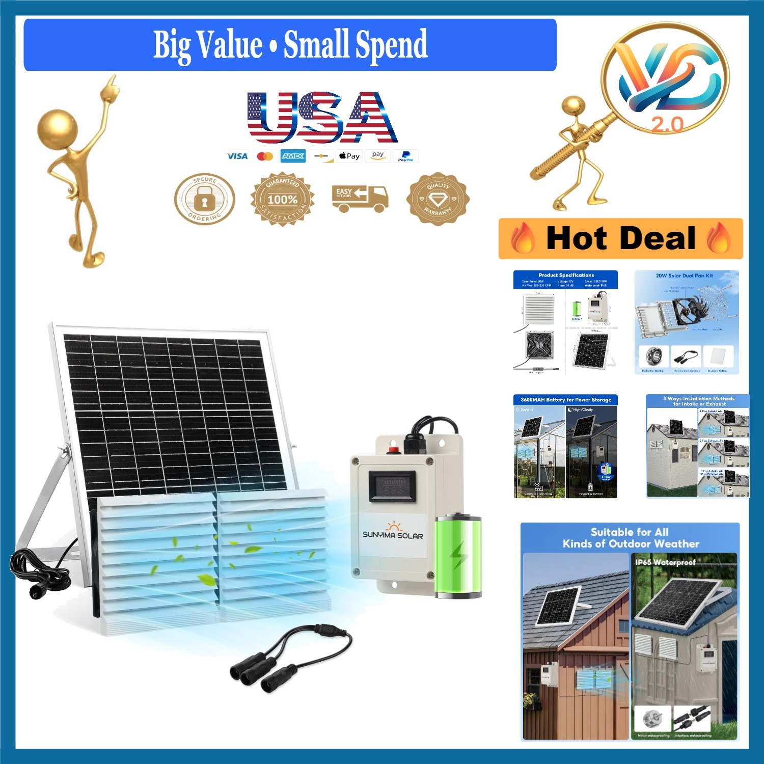 20W Solar Fan with Battery Waterproof Exhaust Fans for Coop, Shed, Greenhouse gallery