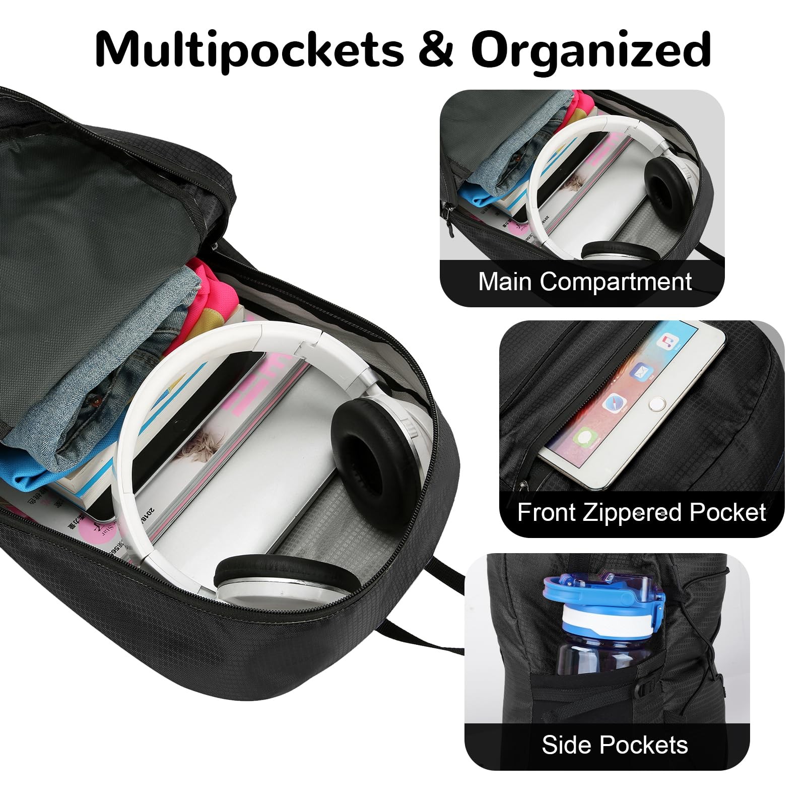 Small Foldable Nylon Hiking Backpack For Men Ultralight Collapsible Black 3