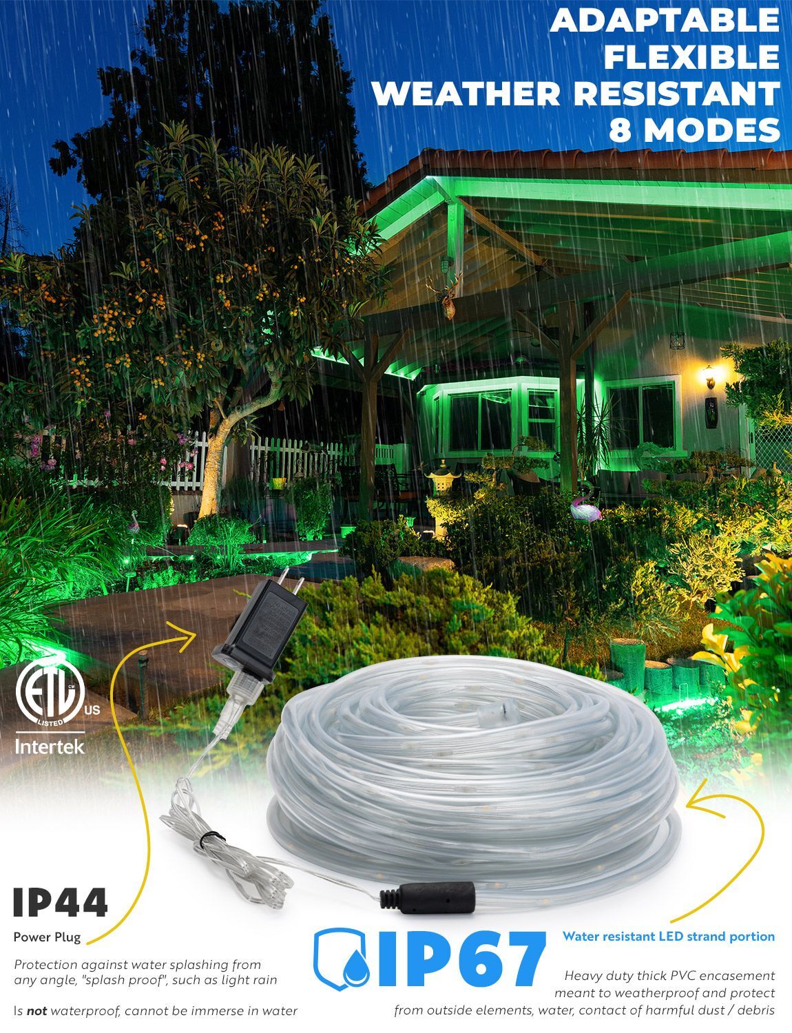 Green 8-Mode LED Outdoor Waterproof Rope Light 10' 20' 25' 50' 100' 150' ft gallery