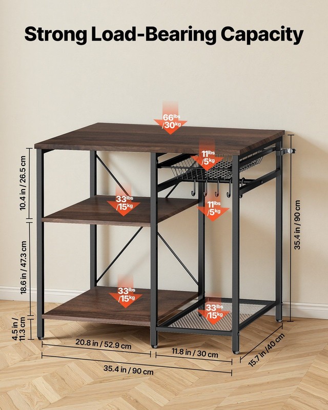 3-Tier Kitchen For Baker Rack: Walnut Top, Black Metal Frame, X-Brace, 5 Hooks gallery